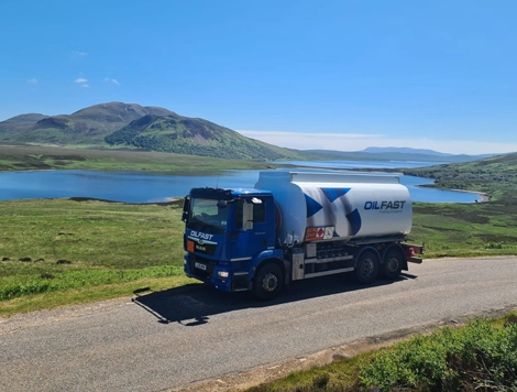 Oilfast heating oil delivery truck on a rural road in Scotland